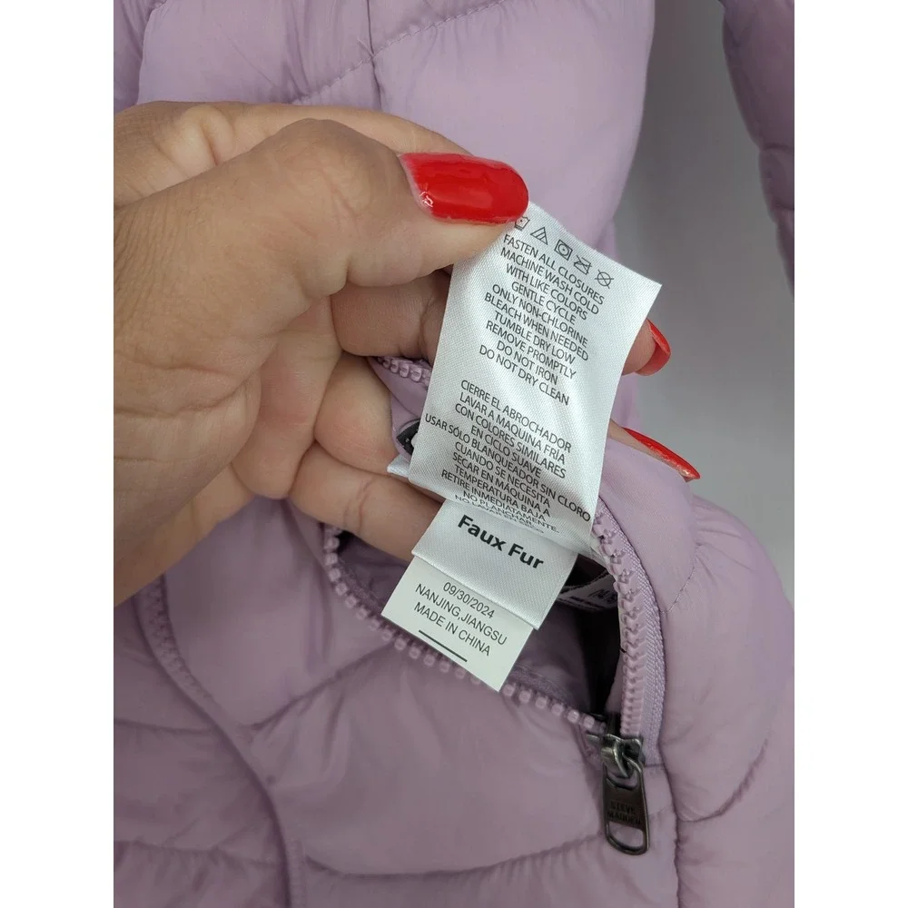 Steven Madden Reversible Puffer Jacket Lavender Faux Fur Hood Cozy Girls 14/16